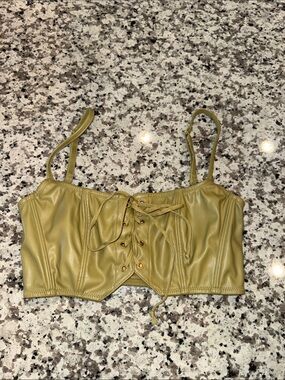 Lace-Up Faux Leather Crop Top in Olive Green
